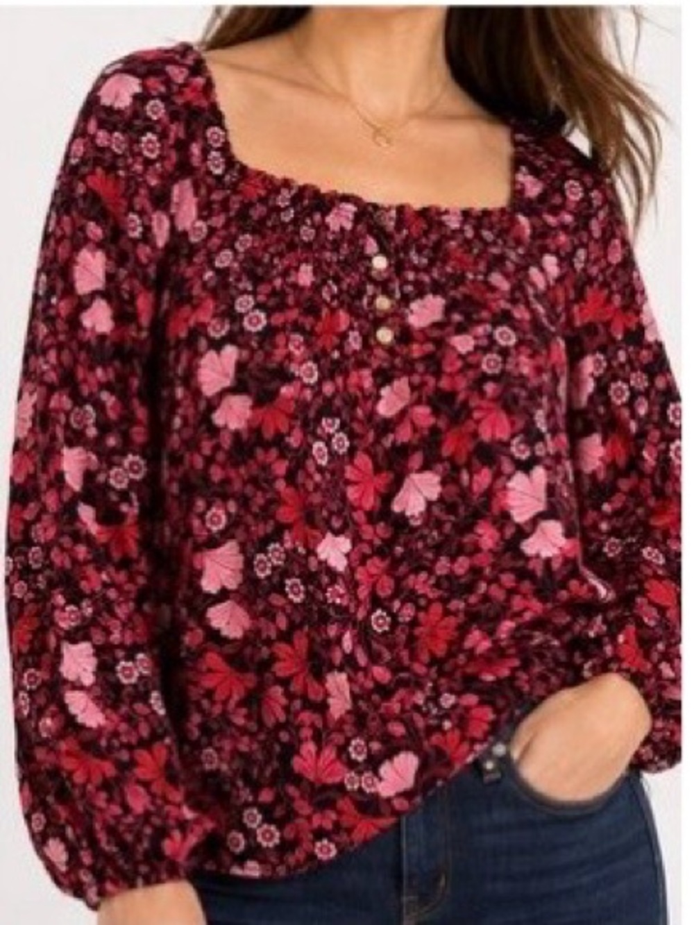 Draper James Floral Square Neck Long Sleeve
Peasant Blouse Pink Red Black Large